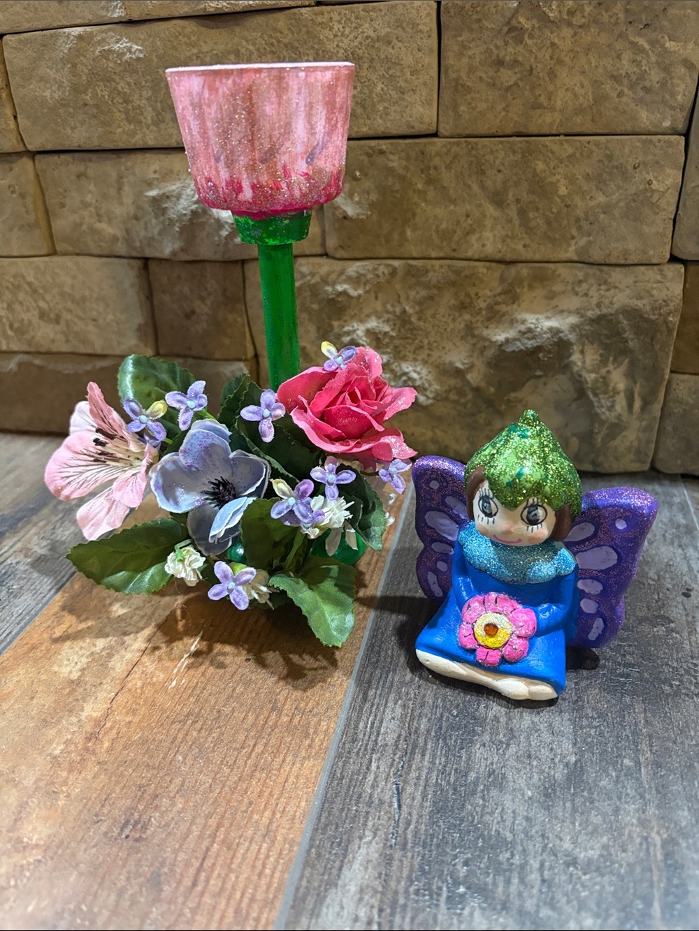 Handcrafted Pink & Green Floral Tea Light Holder with Glitter Fairy Figurine